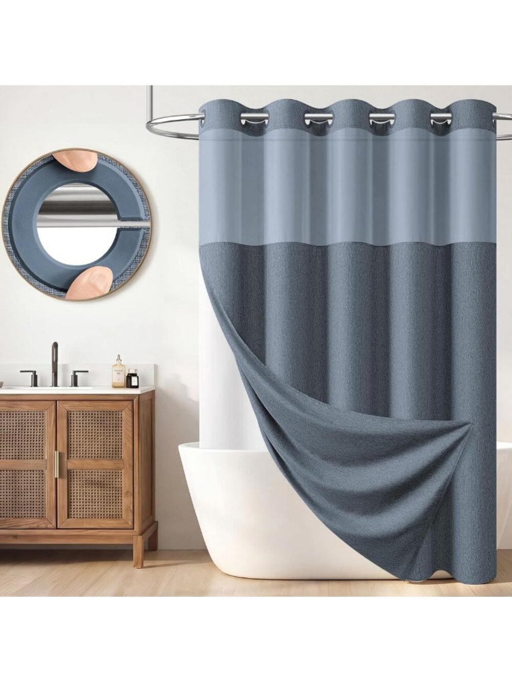 Stylish Blue Linen Textured Shower Curtain with Snap-in Liner, 72x75 Inches